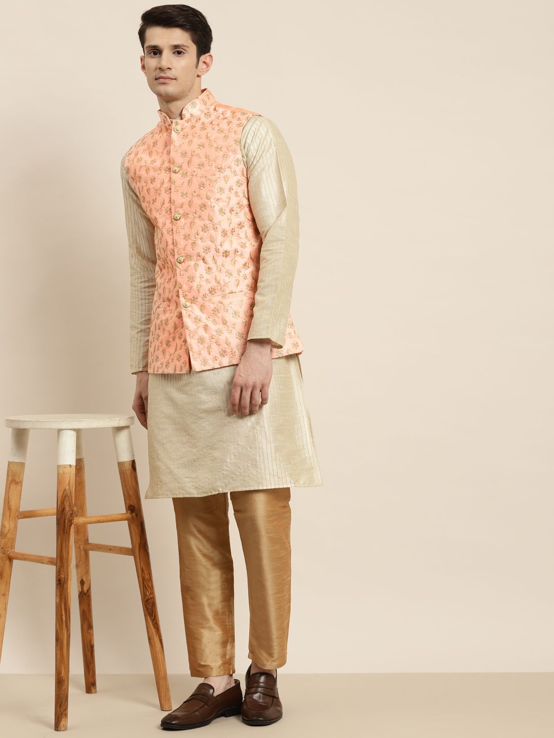 SOJANYA Men Cream-Coloured Kurta with Churidar & Nehru Jacket