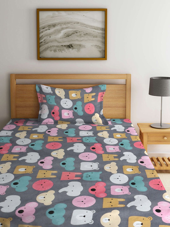 KLOTTHE Grey & Pink Printed 300 TC Dilengkapi Cadar Bujang & 1 Sarung Bantal