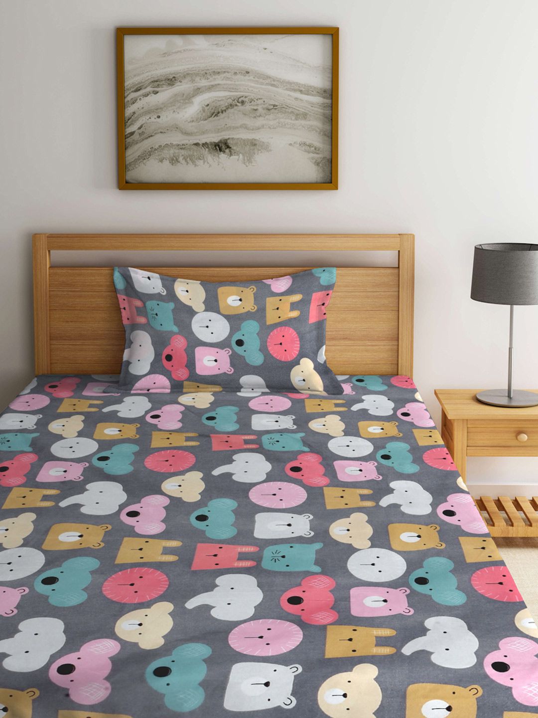 KLOTTHE Grey & Pink Printed 300 TC Dilengkapi Cadar Bujang & 1 Sarung Bantal