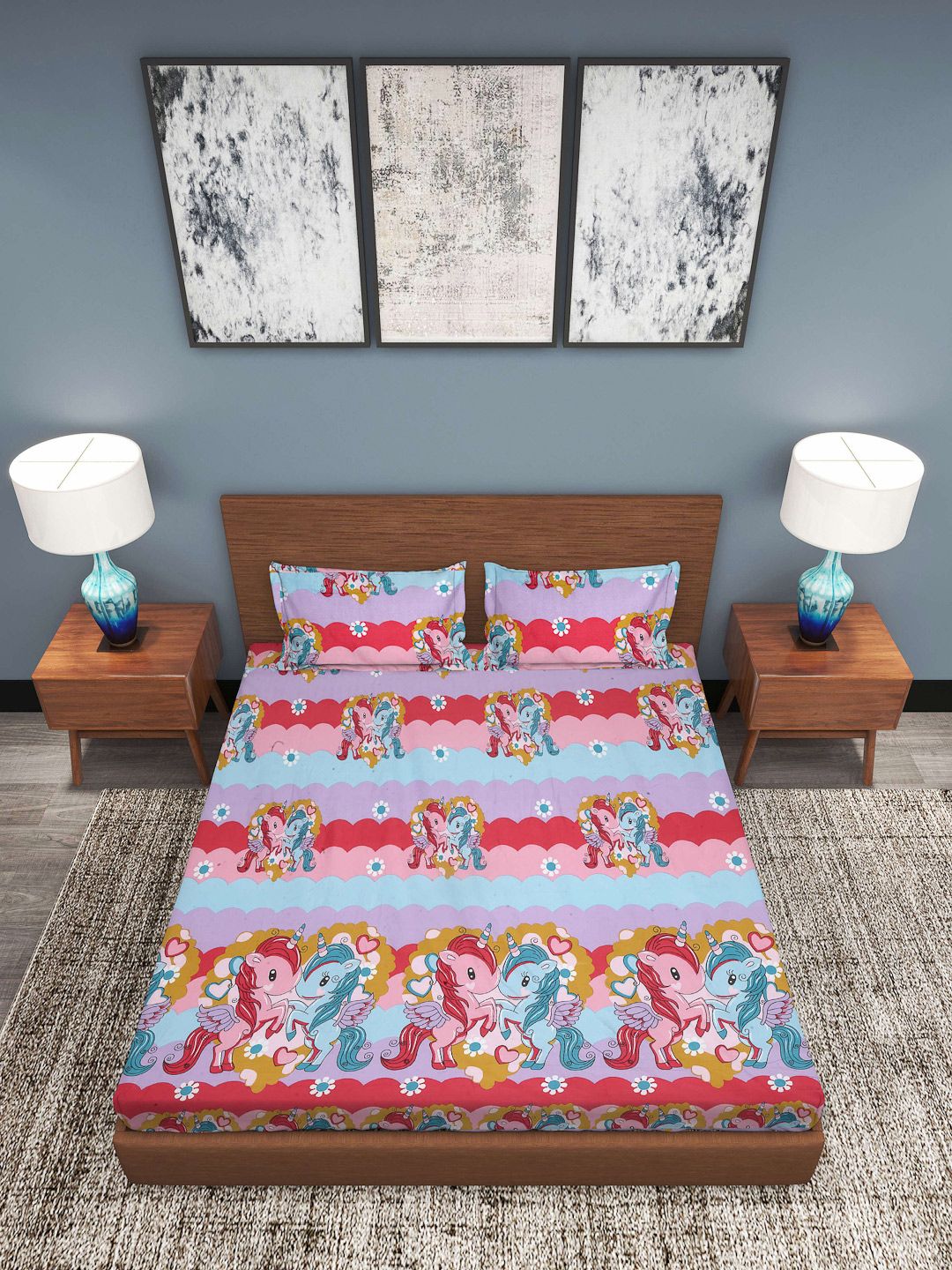Myntra Elegant Homes Blue Graphic Polycotton 300 TC Fitted King Fine Bedsheet dengan 2 Sarung Bantal-98 x 89 inci