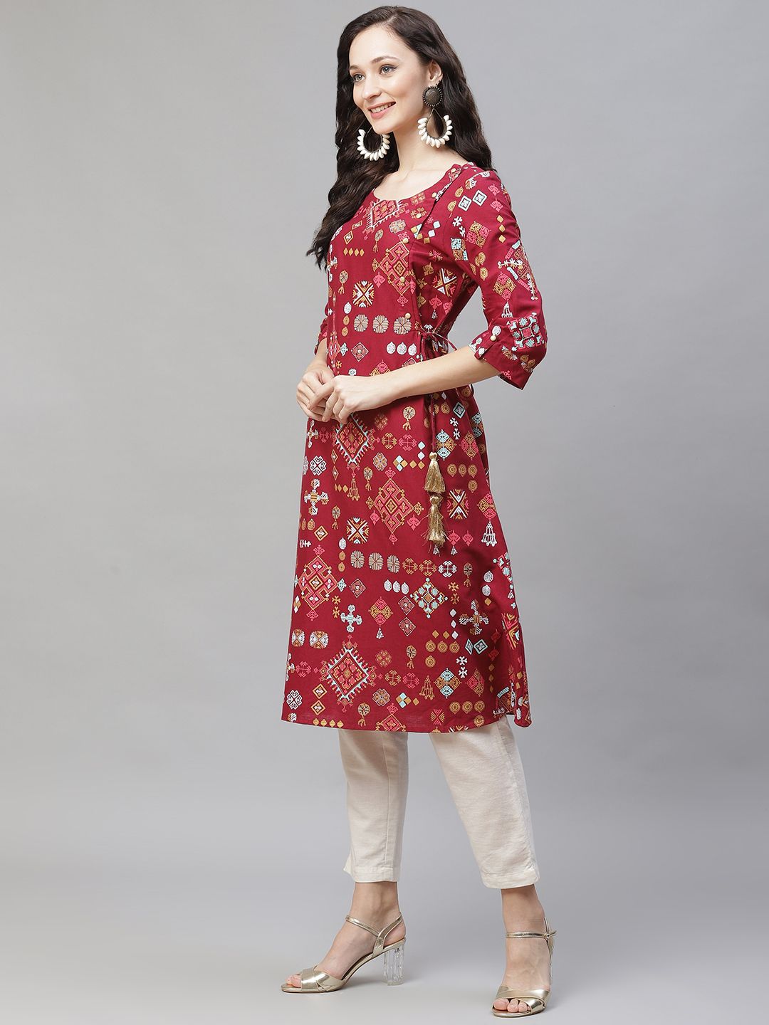 AURELIA Women Maroon & Golden Ethnic Motifs Print Angrakha A-line Kurta