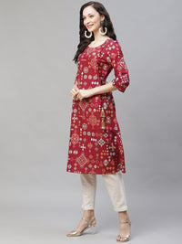 AURELIA Women Maroon & Golden Ethnic Motifs Print Angrakha A-line Kurta