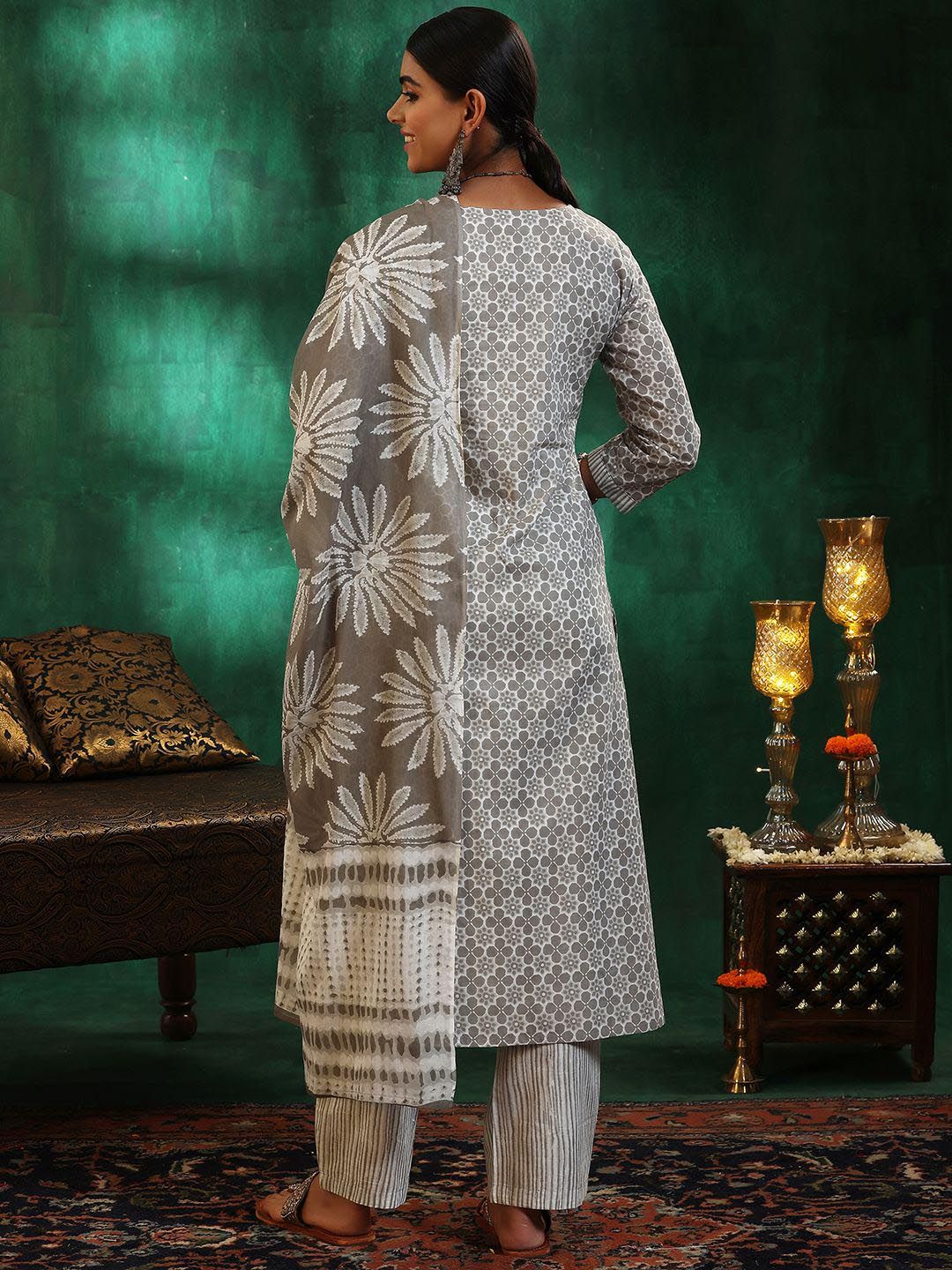Libas Ethnic Motifs Printed Sequinned Pure Cotton A Line Kurta with Trousers & Dupatta