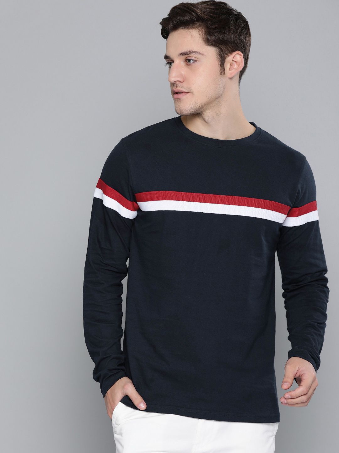 DILLINGER Men Navy Blue  Red Striped Cotton Pure Cotton T-shirt