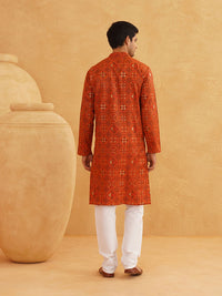 SOJANYA Men Orange & Black Geometric Printed Kurta