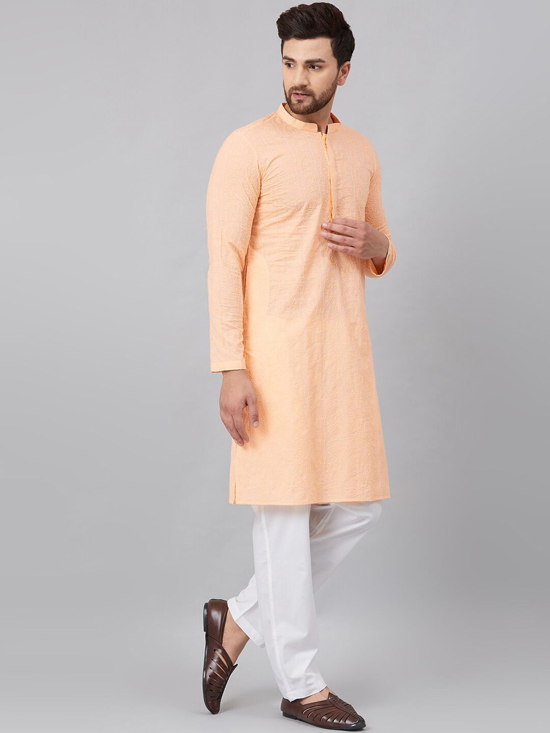 See Designs Men Peach-Coloured Thread Work Kurta