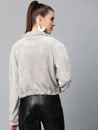 SASSAFRAS Women Grey Melange Solid Faux Fur Tailored Jacket