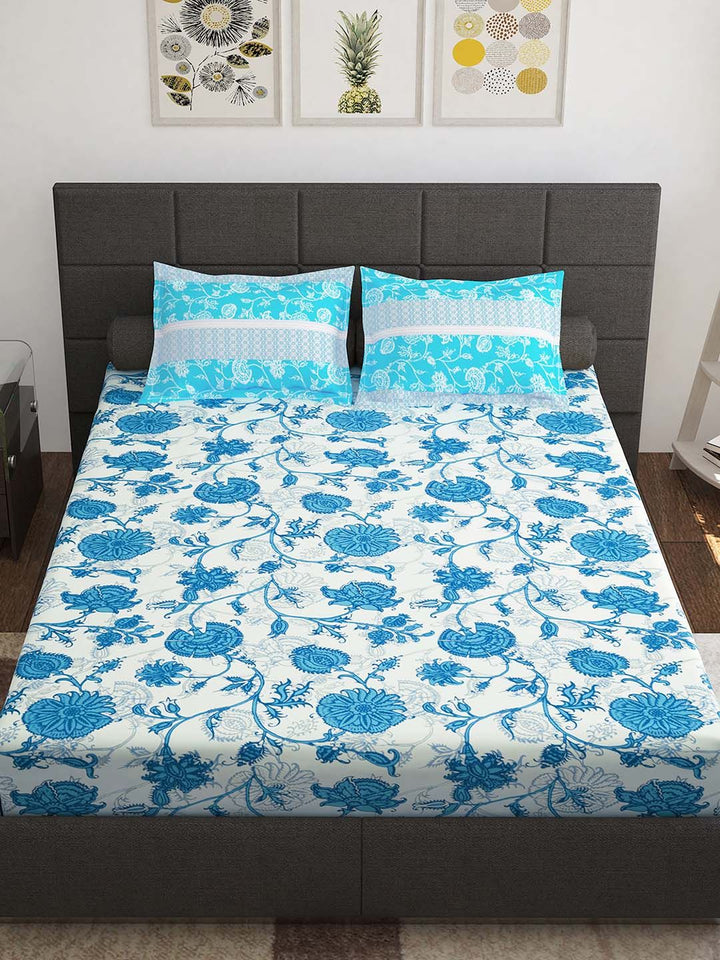 Story@home Blue White Floral Cotton 144 TC Queen Bedsheet With 2 Pillow Covers