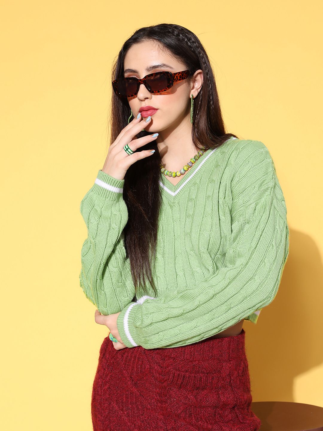 Berrylush Women Green Cable Knit Knits Bits Sweater