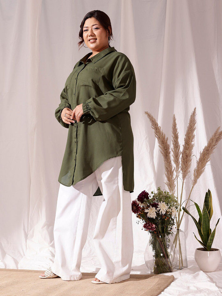 CURVY STREET Spread Collar Extended Sleeves Oversized Comfort Casual Shirt