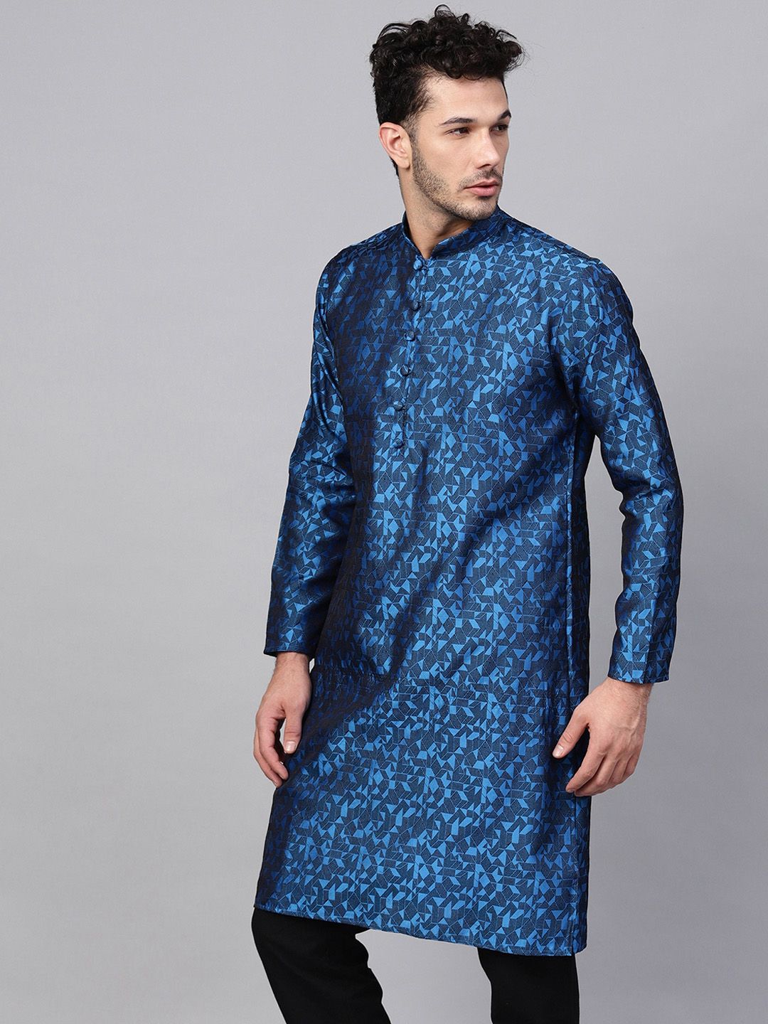 SOJANYA Lelaki Biru & Hitam Rekaan Tenun Kurta Lurus