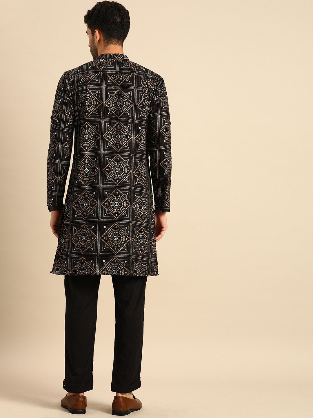 Anouk Men Black Printed Regular Pure Cotton Kurta with Pyjamas