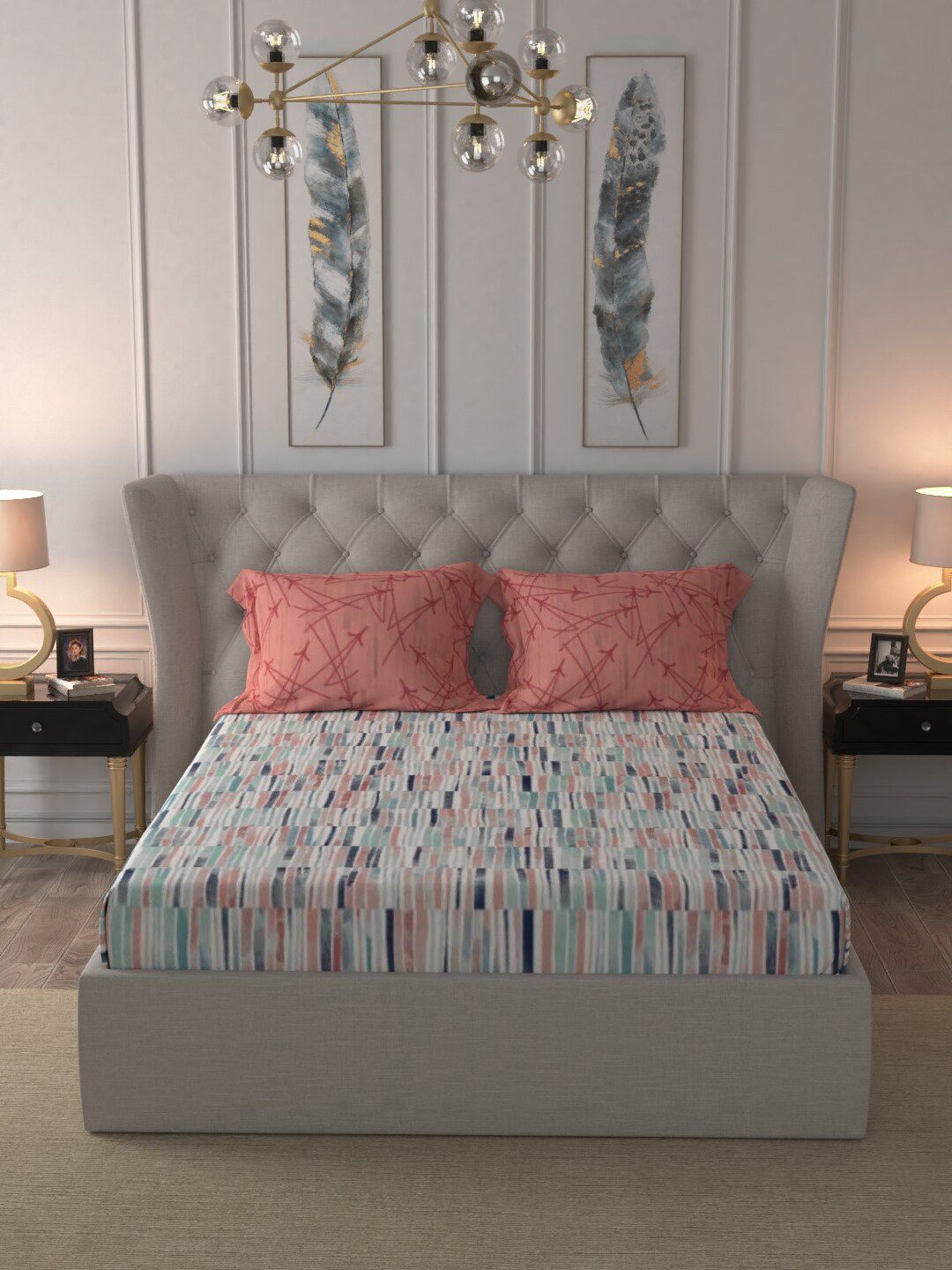 URBAN SPACE Pink & Sea Green Geometric 160 TC Cotton 1 Queen Bedsheet with 2 Pillow Covers