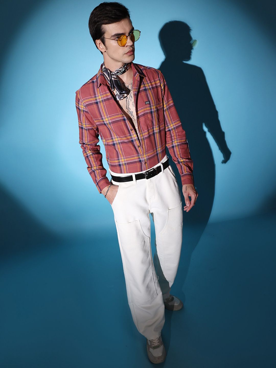 The Indian Garage Co Rust-Coloured Slim Fit Tartan Checked Cotton Casual Shirt