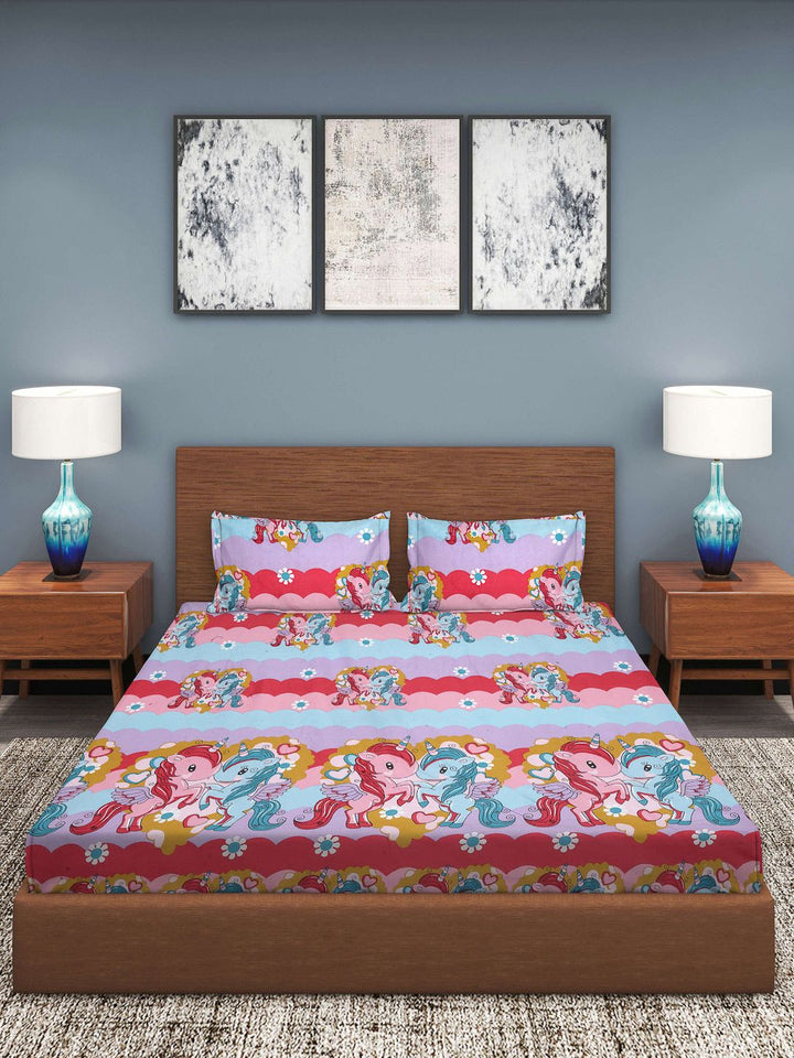 Myntra Elegant Homes Blue Graphic Polycotton 300 TC Fitted King Fine Bedsheet dengan 2 Sarung Bantal-98 x 89 inci