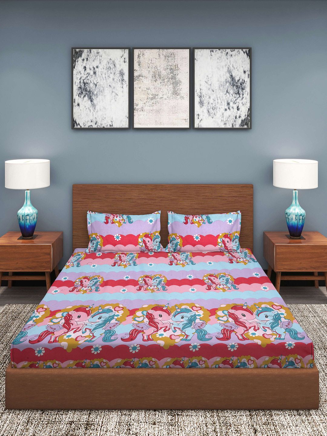Myntra Elegant Homes Blue Graphic Polycotton 300 TC Fitted King Fine Bedsheet dengan 2 Sarung Bantal-98 x 89 inci
