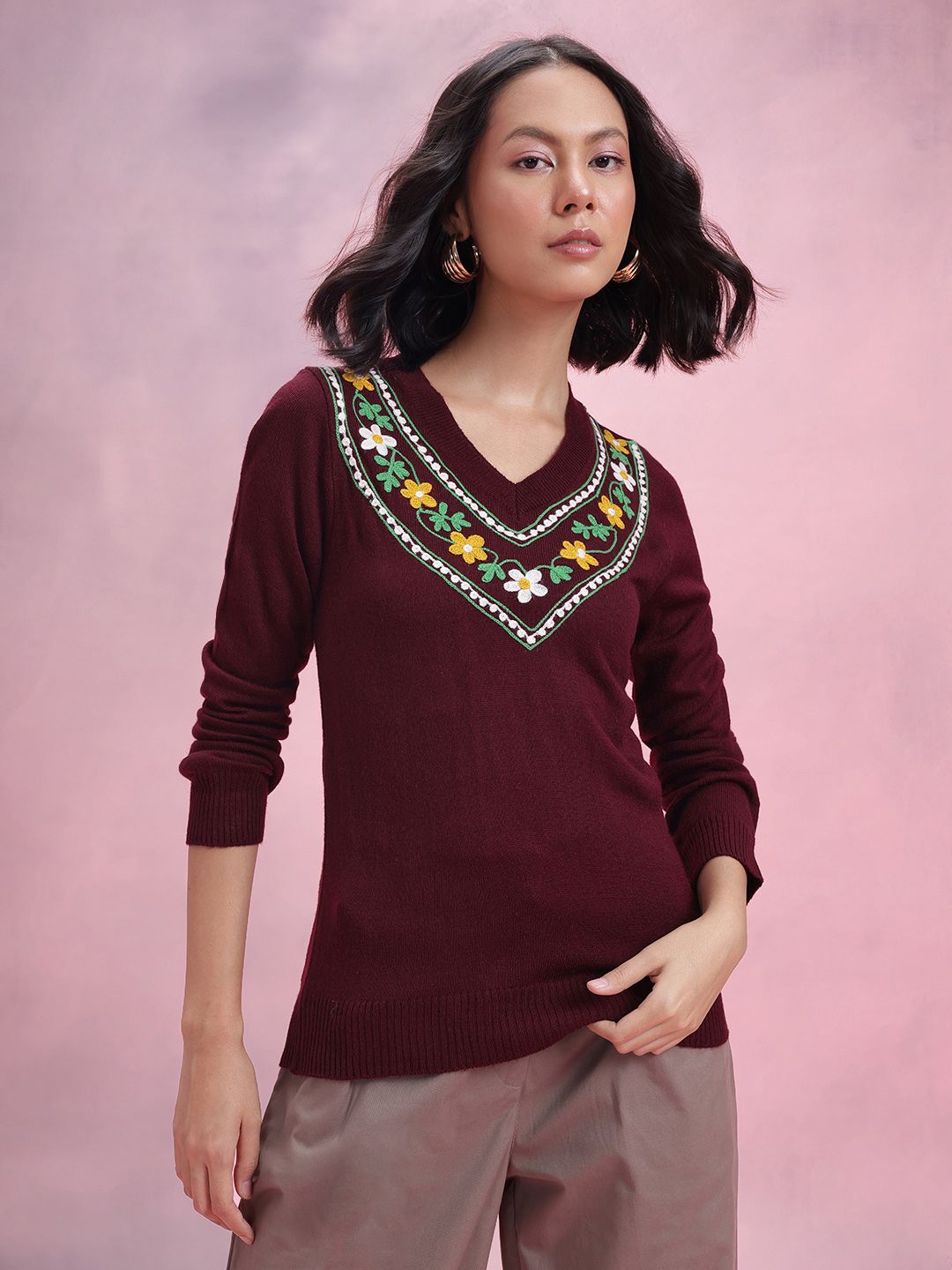 DressBerry Floral Embroidered Acrylic Pullover