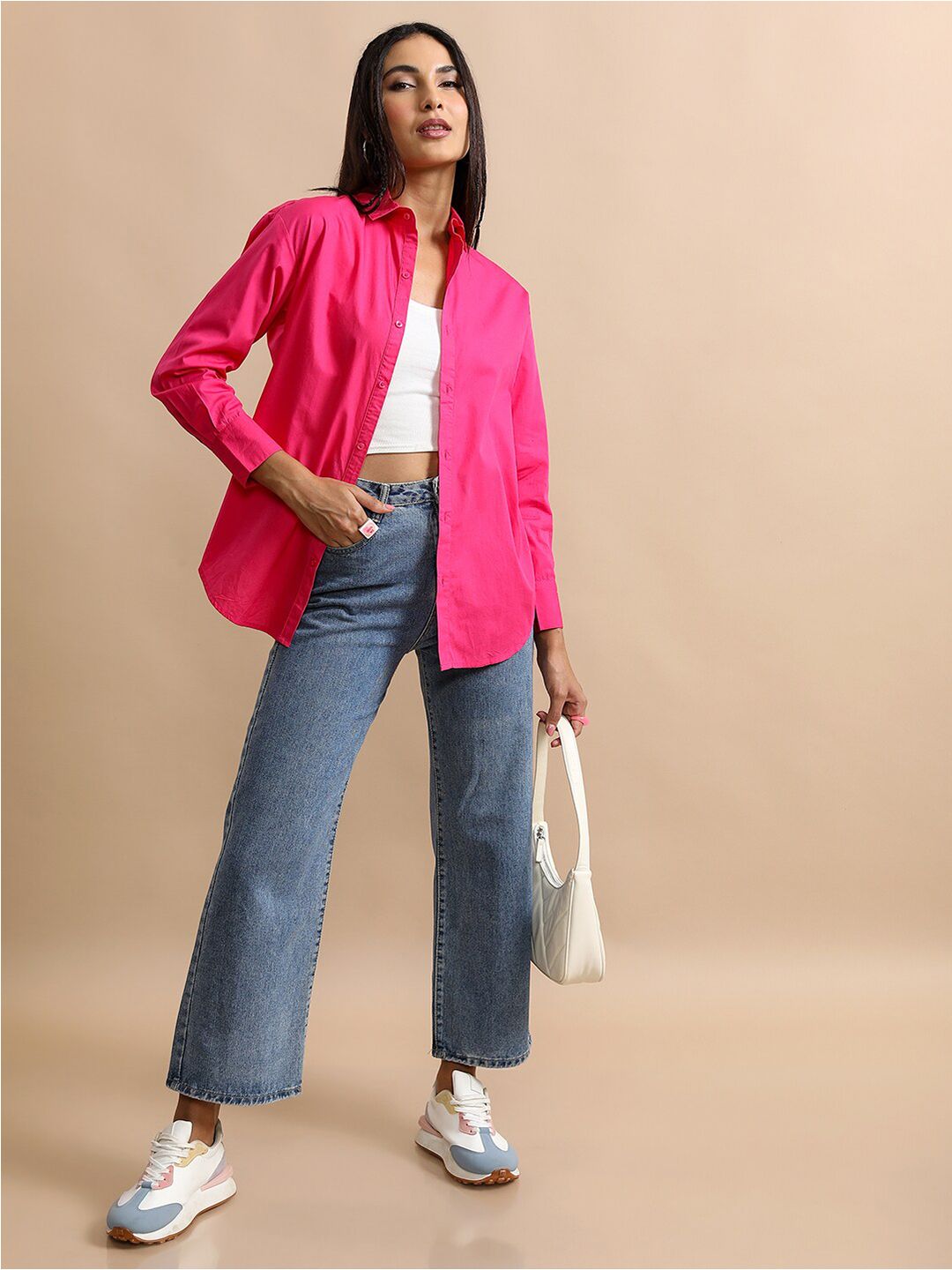 Tokyo Talkies Cutaway Collar Oversized Cotton Casual Shirt