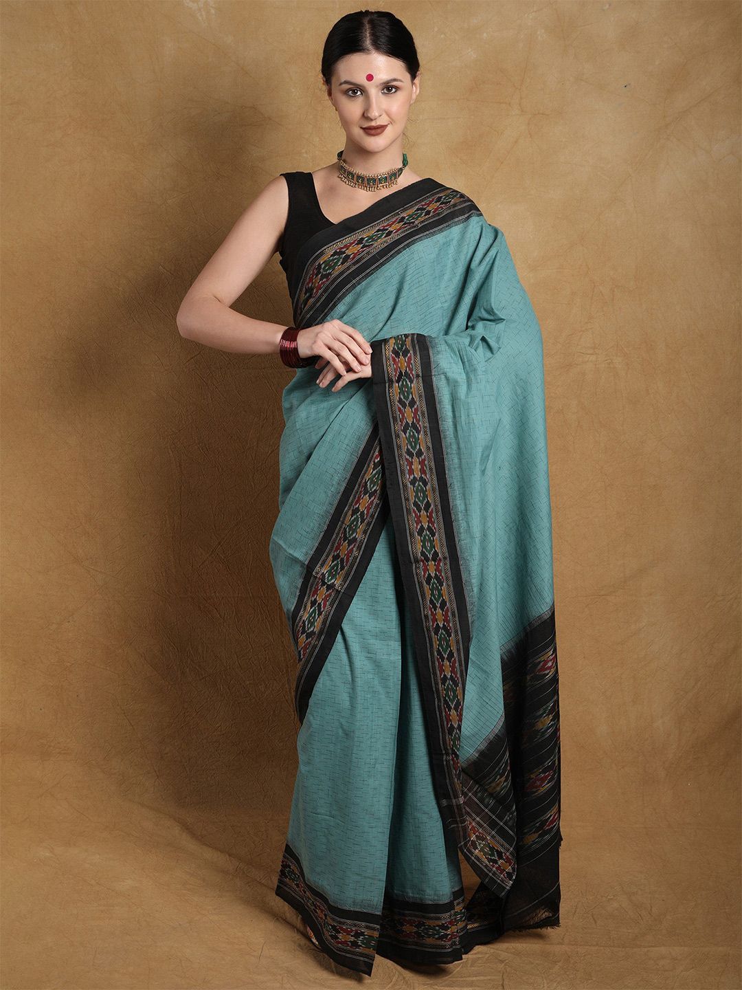 Exotic India Cotton Sambalpuri Coastal Shade Saree with Ikat Woven Border