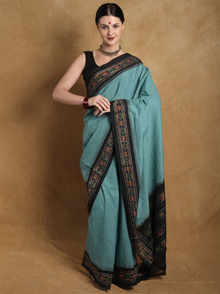 Exotic India Cotton Sambalpuri Coastal Shade Saree with Ikat Woven Border