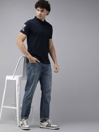 SPYKAR Men Polo Collar Indigo Pure Cotton Slim Fit T-shirt With Minimal Embroidered Detail