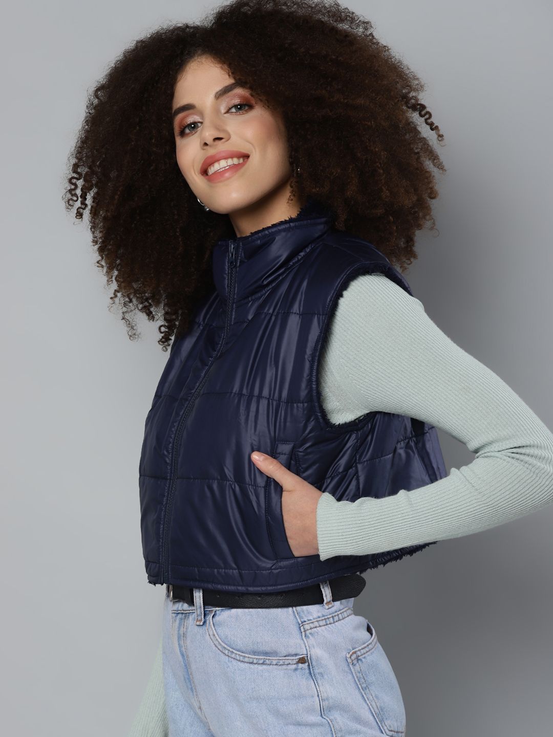 SASSAFRAS Women Navy Blue Crop Padded Jacket