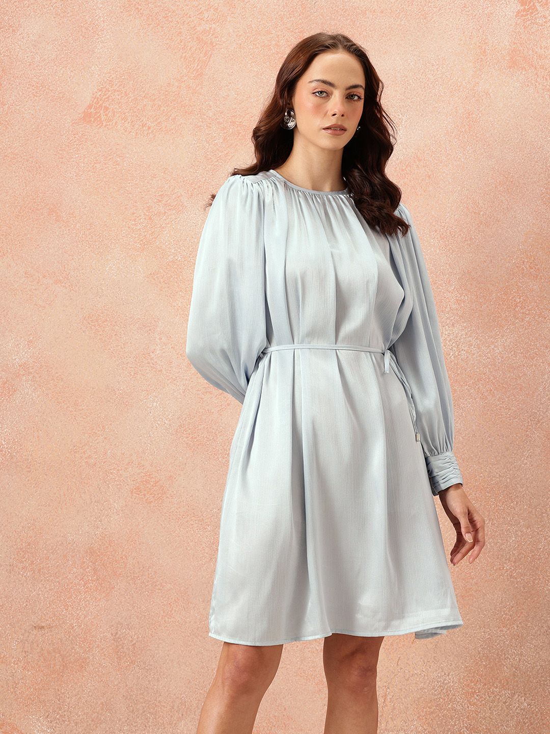 all about you Gathered Detail Bishop Sleeves Party Satin A-Line Dress with Belt