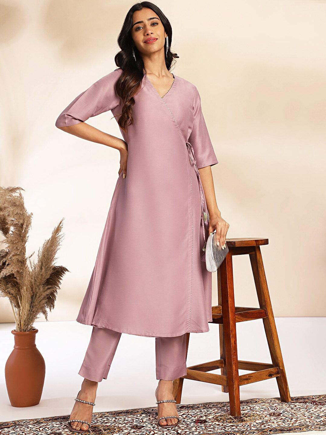 Janasya Women's Lavender Chinnon Solid Wrap Kurta Set