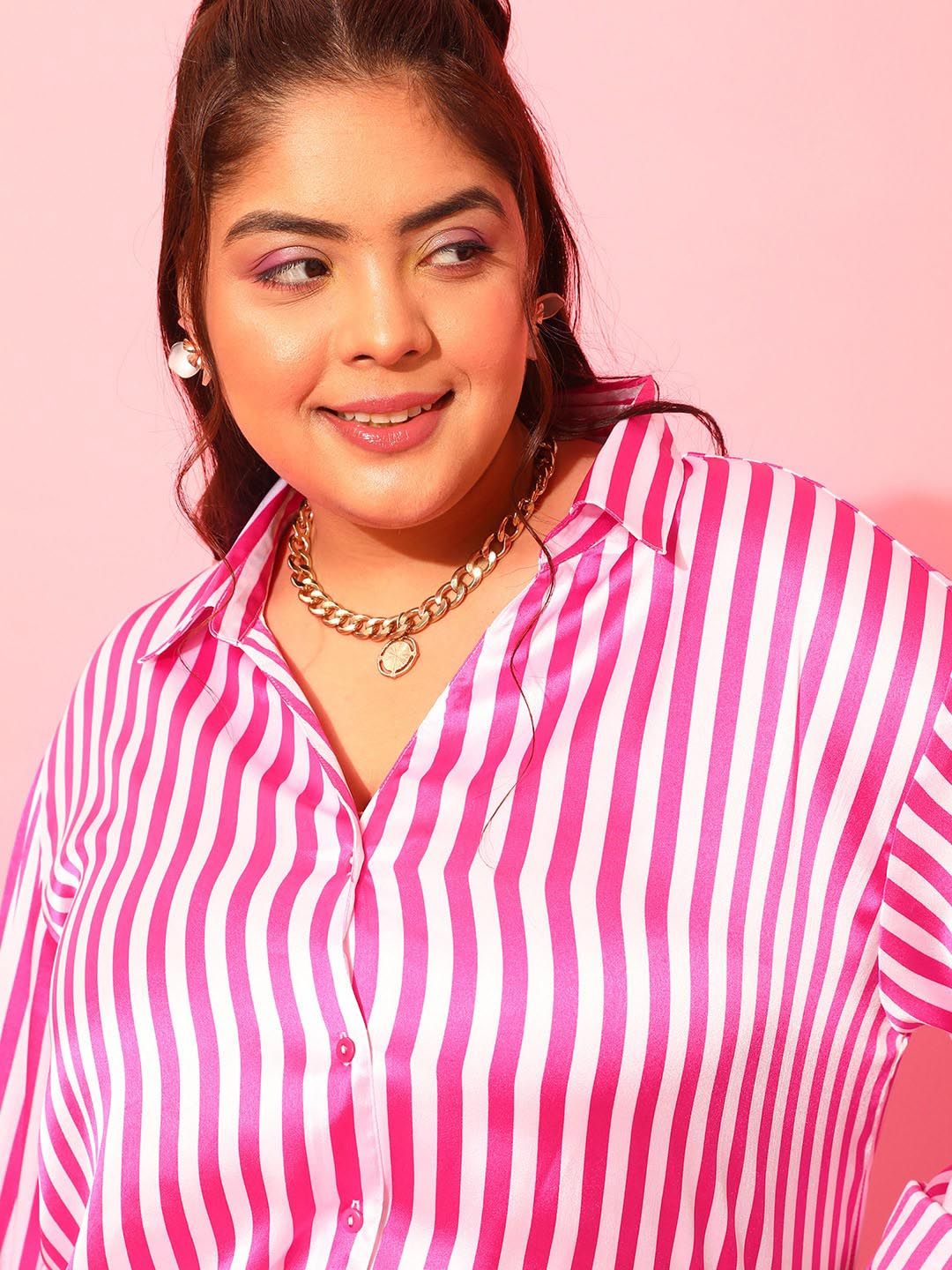 CURVY STREET Plus Size Pink & White Classic Vertical Striped Satin Shirt