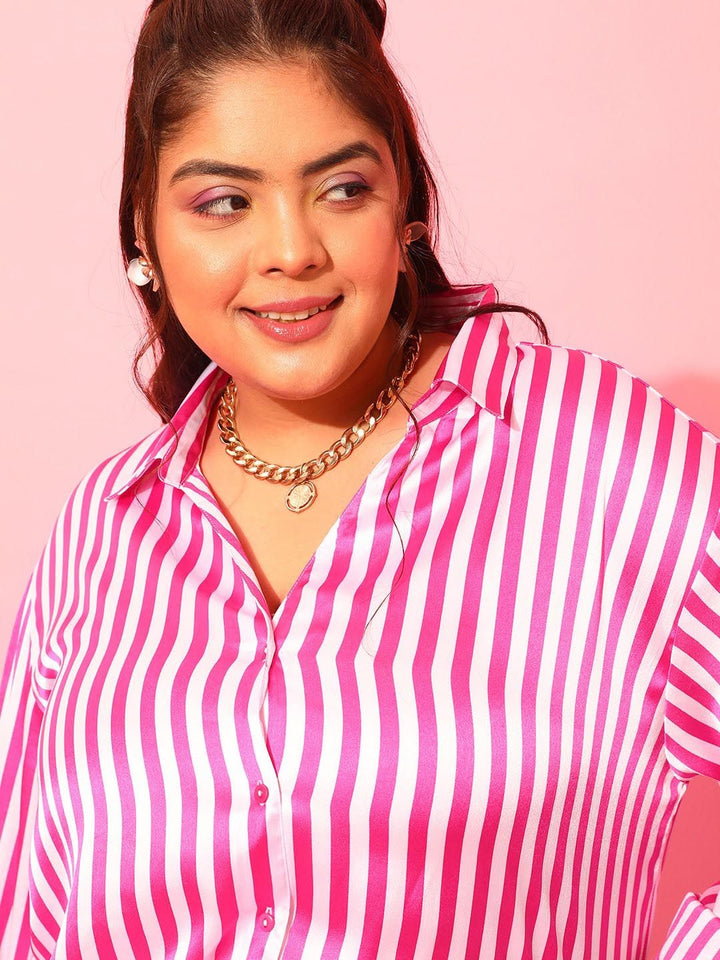 CURVY STREET Plus Size Pink & White Classic Vertical Striped Satin Shirt