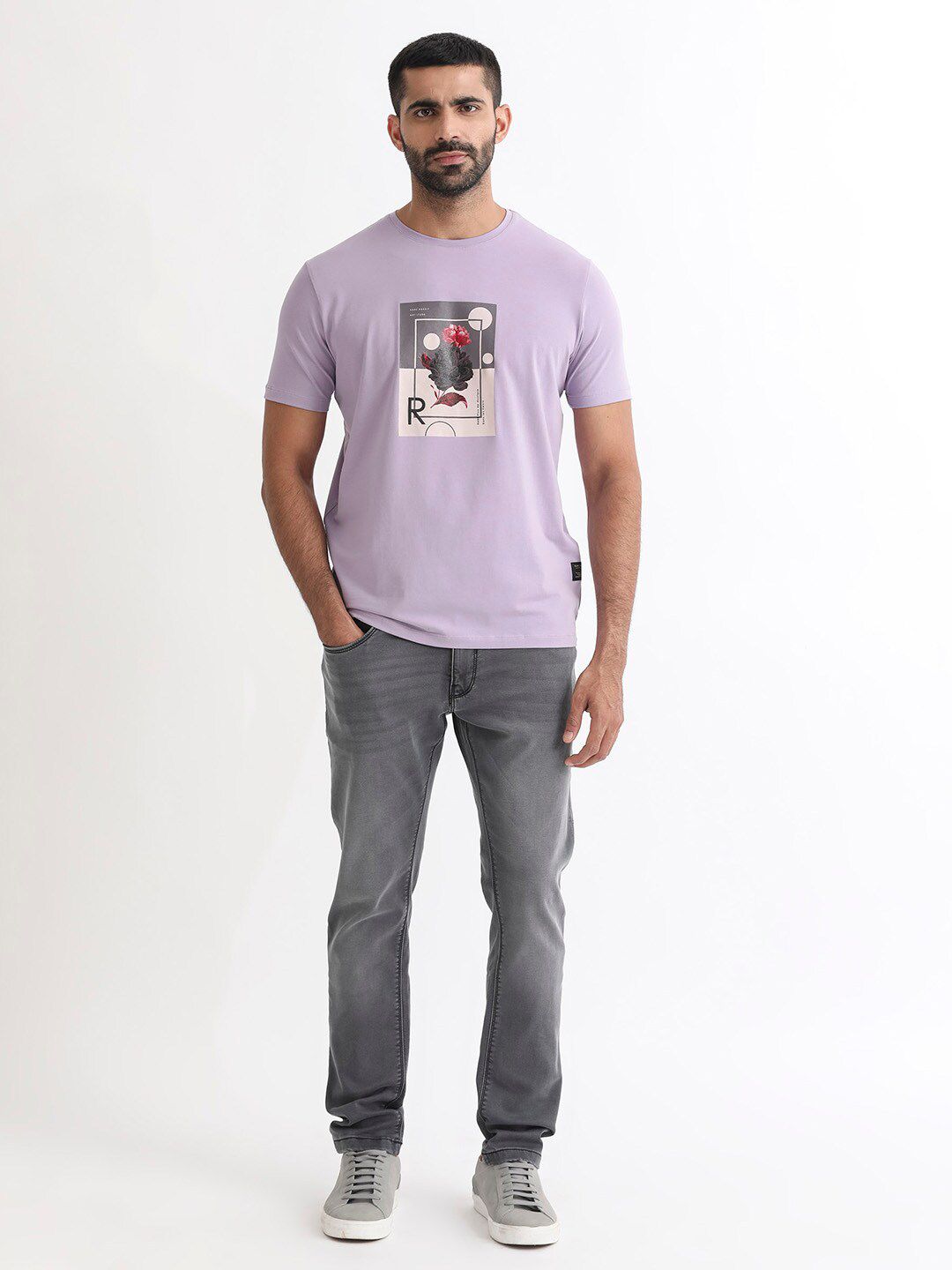 RARE RABBIT Men Dryden Graphic Printed Slim Fit Cotton T-Shirt