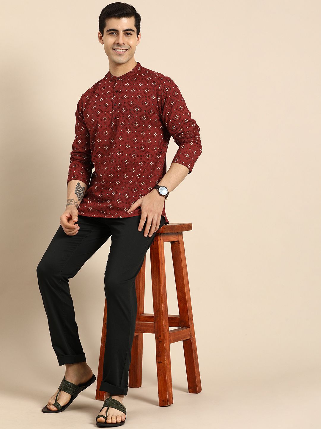 Anouk Men Red & Cream-Coloured Ethnic Motifs Printed Pure Cotton Short Kurta