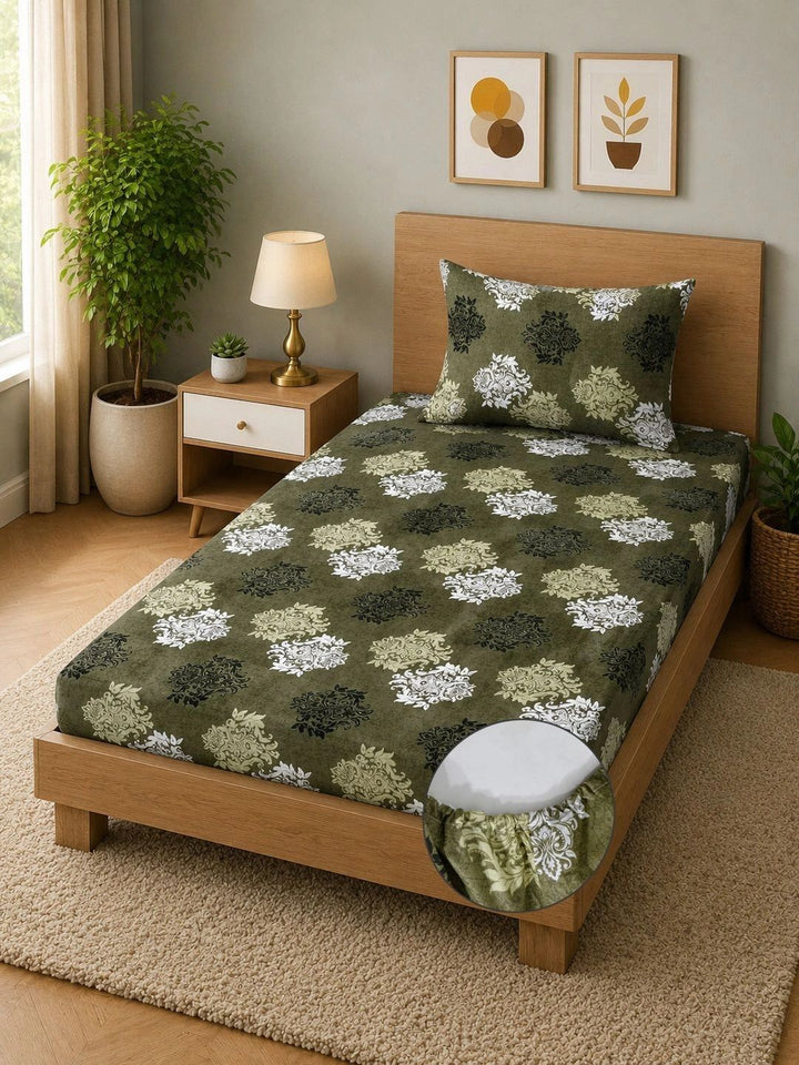 Moda Rapido X KLOTTHE Olive Green Floral 400 TC Single Bedsheet with 1 Pillow Covers