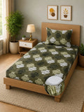 Moda Rapido X KLOTTHE Olive Green Floral 400 TC Single Bedsheet with 1 Pillow Covers