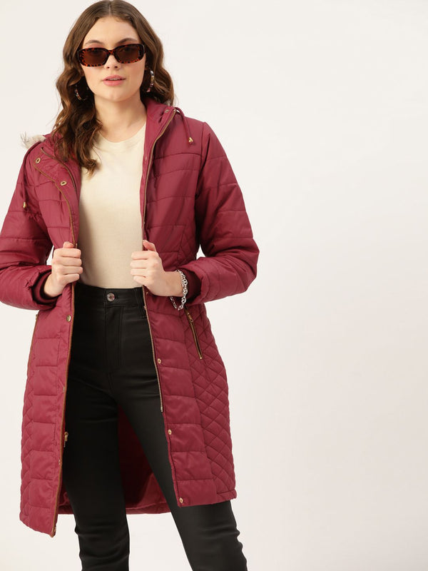 Dressberry Women Maroon Solid Hooded Longline Parka Jacket