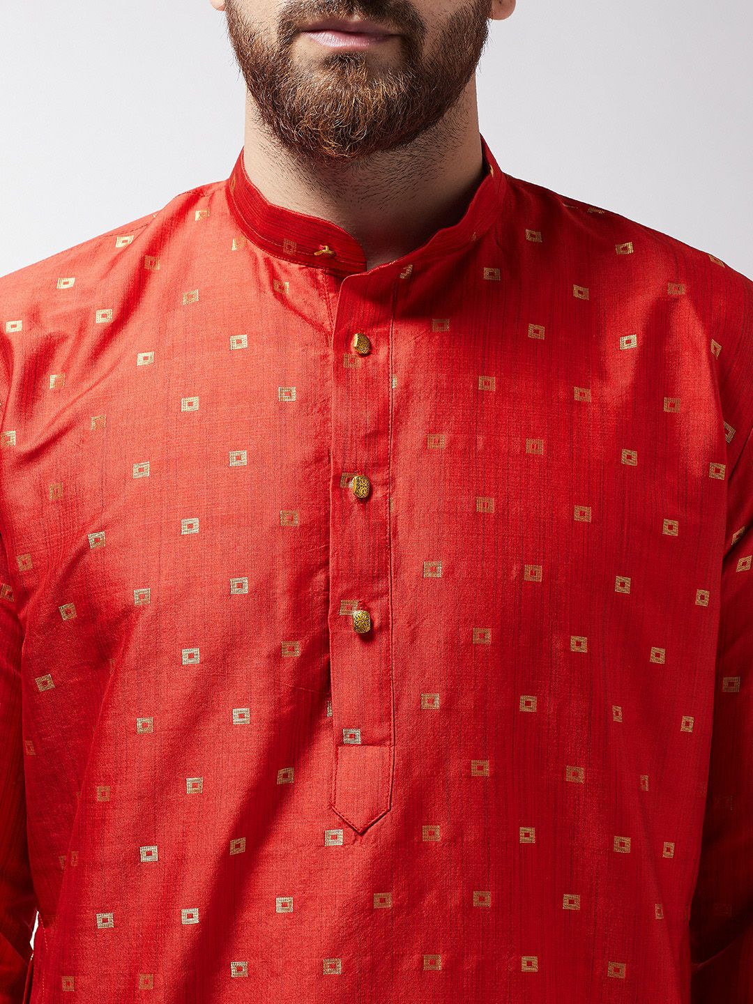 SOJANYA Men Orange & Gold-Coloured Self Design Kurta with Churidar