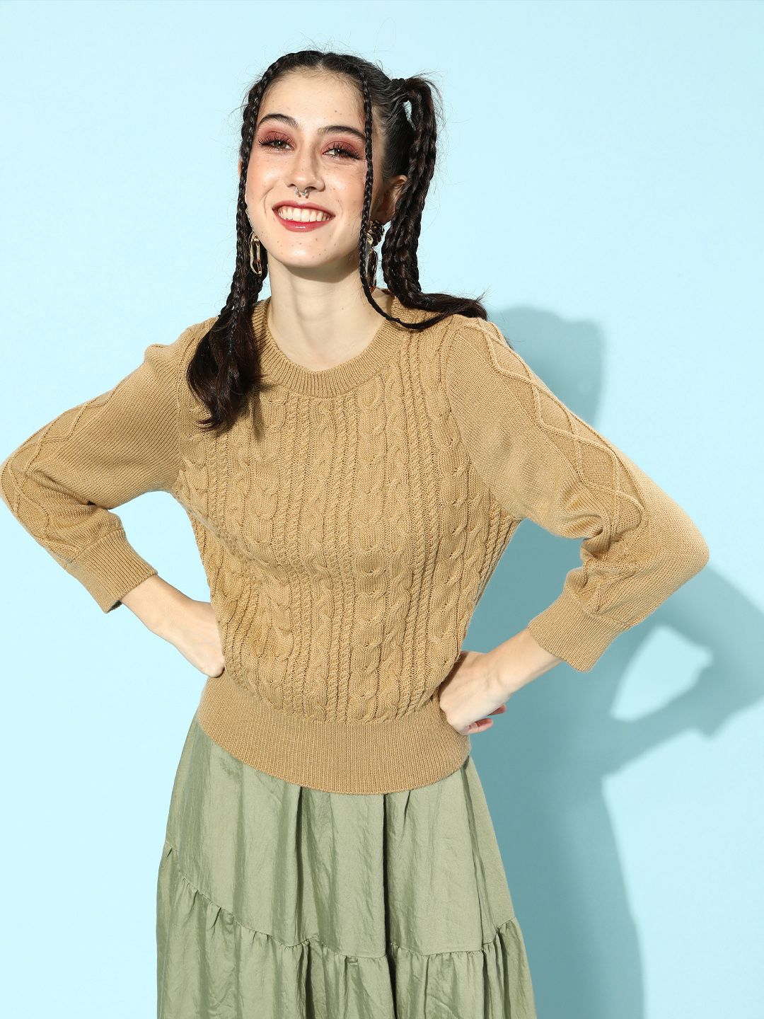 STREET 9 Women Khaki-Coloured Cable Knit Acrylic Pullover