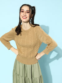 STREET 9 Women Khaki-Coloured Cable Knit Acrylic Pullover