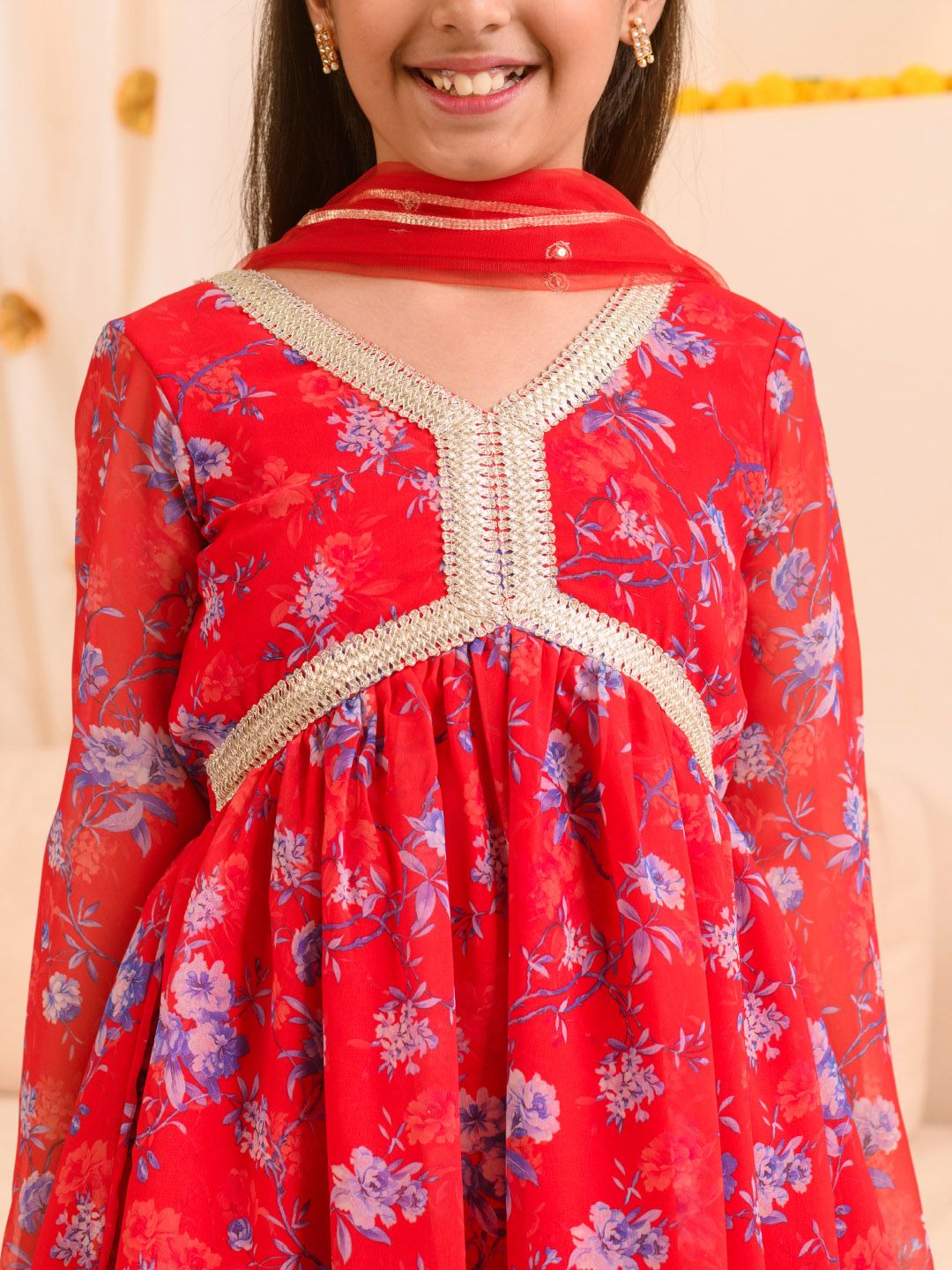 pspeaches Girls Floral Printed Regular A-Line Kurta & Sharara With Dupatta