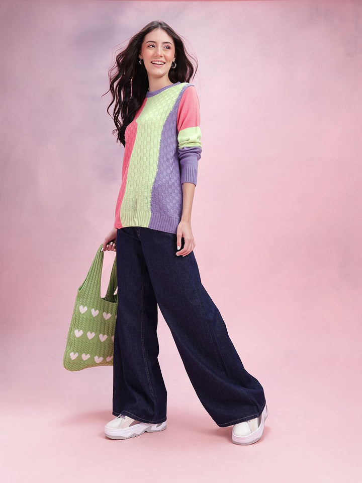 DressBerry Women Self Design Colourblocked Acrylic Pullover