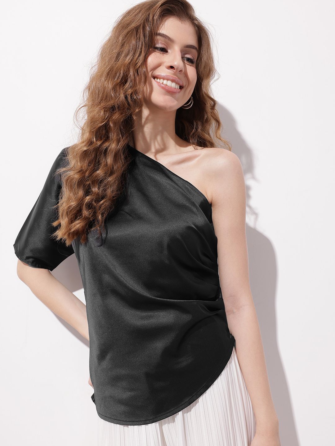 DressBerry Sling Thing One-Shoulder Satin Muse Pleated Top