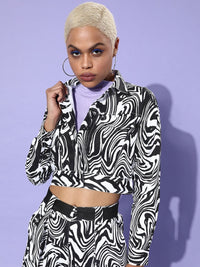 STREET 9 Women White Abstract Cropped Tailored Jacket