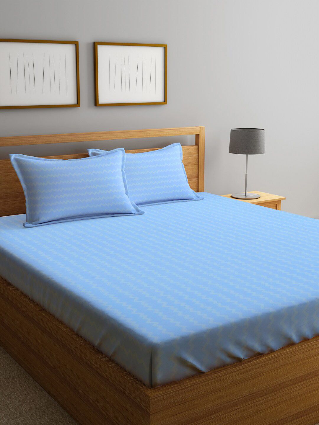 KLOTTHE Blue Zig-Zag Print Flat 300 TC King Fine Bedsheet with 2 Pillow Covers-250X225 cm