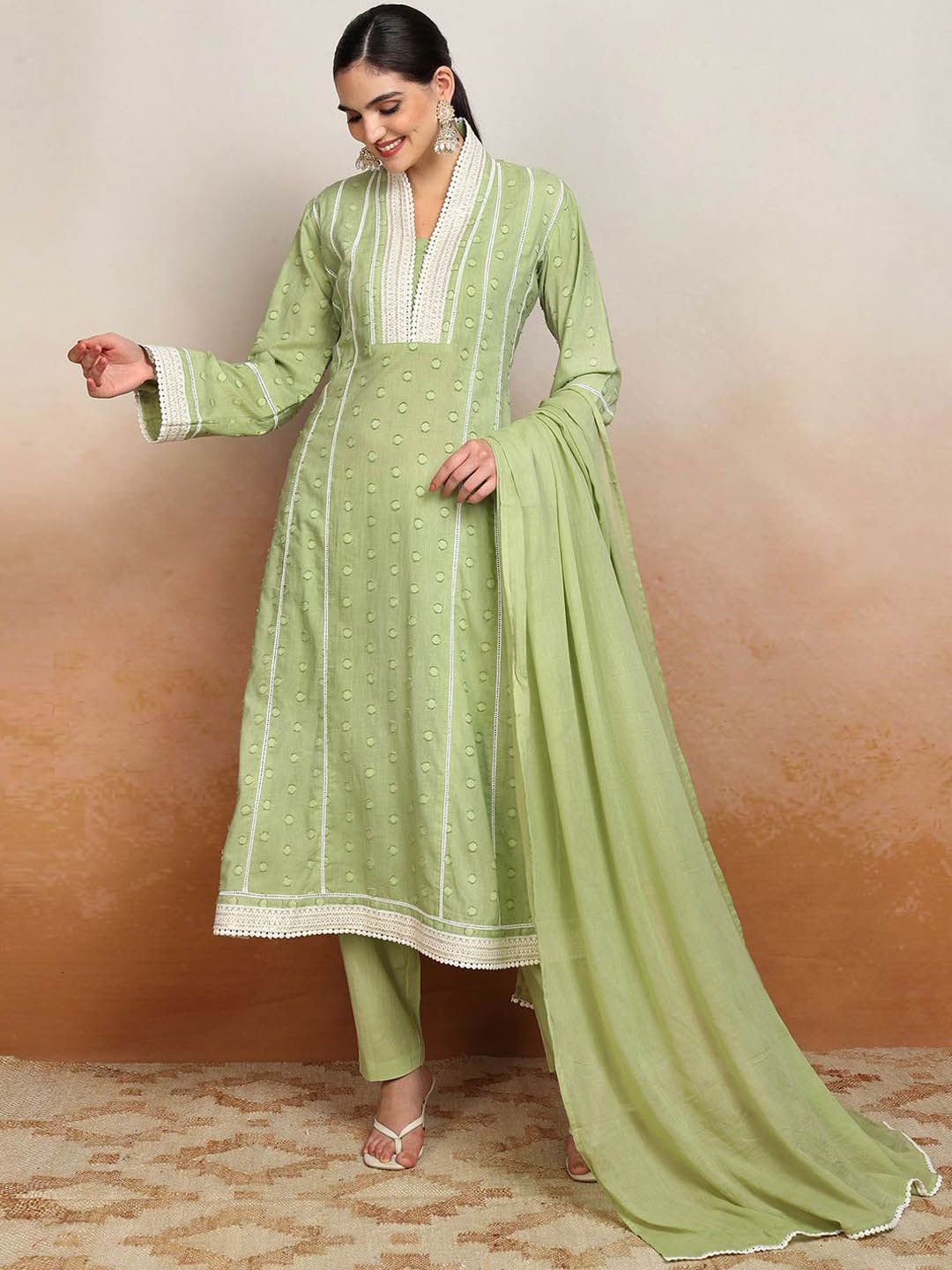 Vishudh Ethnic Motifs Embroidered Pure Cotton Kurta With Trouser & Dupatta