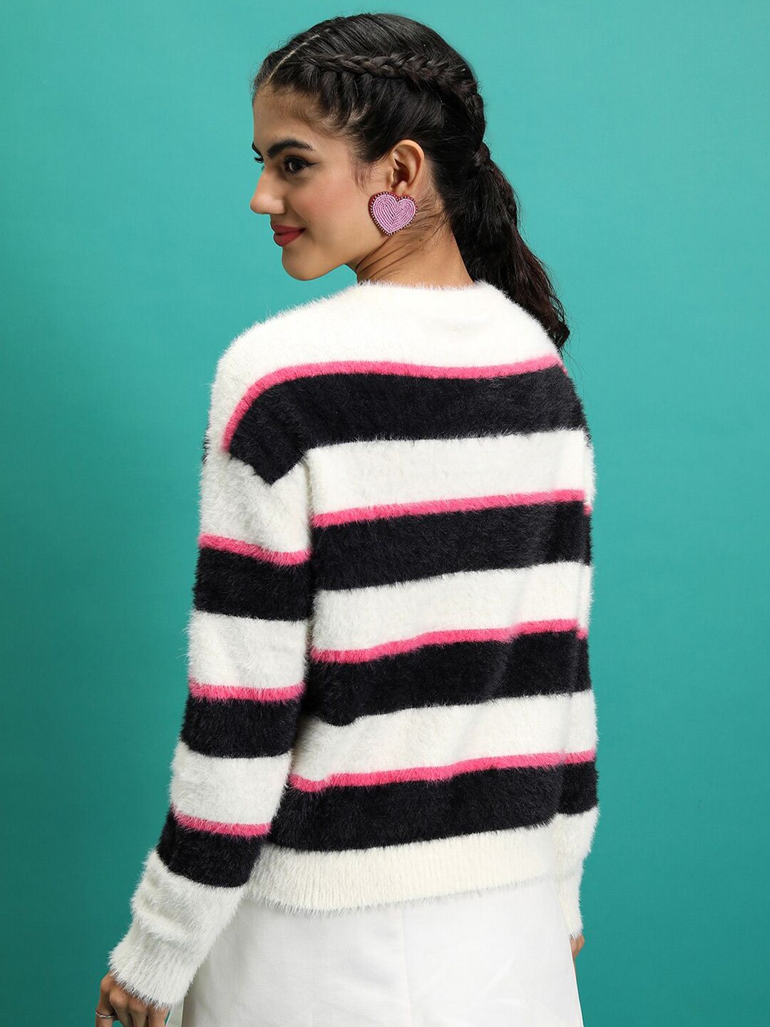 Tokyo Talkies Black Relaxed Fit Striped Fuzzy Acrylic Pullover