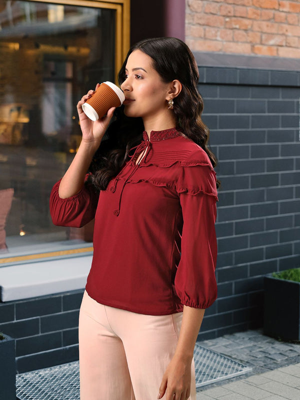 AND Women Tie-Up Neck Ruffled Top