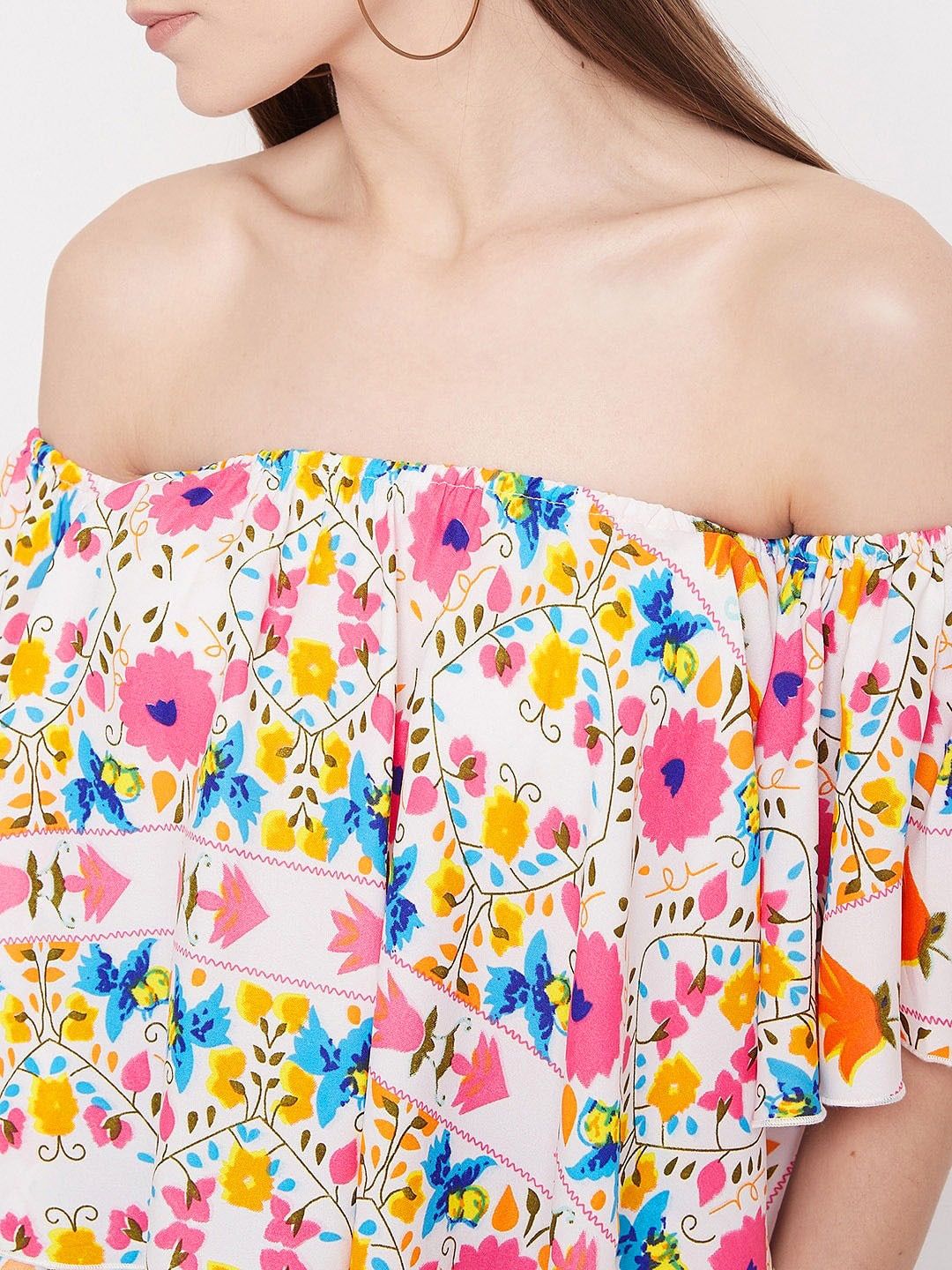 Berrylush White & Pink Floral Off-Shoulder Crepe Bardot Crop Top