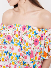 Berrylush White & Pink Floral Off-Shoulder Crepe Bardot Crop Top