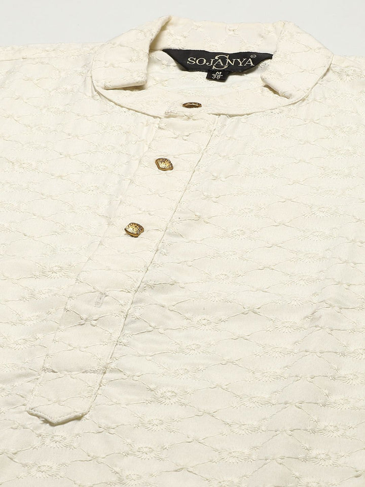 SOJANYA Men Cream-Coloured Chikankari Pure Cotton Kurta with Churidar & Nehrujacket