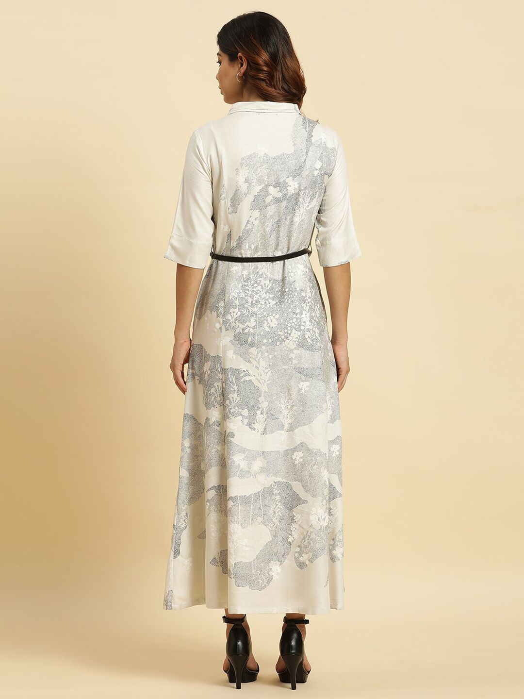 W Abstract Printed Belted Detailed Shirt Collar Shirt Style Dress